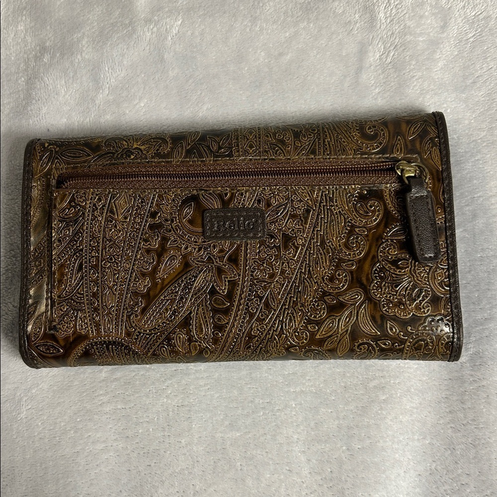 Relic Brown Embossed Leather Trifold Wallet With Checkbook Insert.